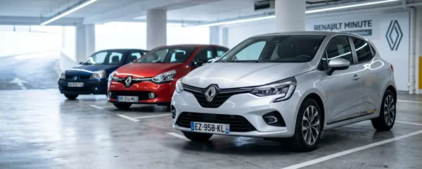 Trois générations de Renault Clio (Clio V argentée au premier plan, Clio IV rouge et Clio II bleue en arrière-plan) garées dans un parking de concession automobile en France, illustrant l'évolution du design du modèle