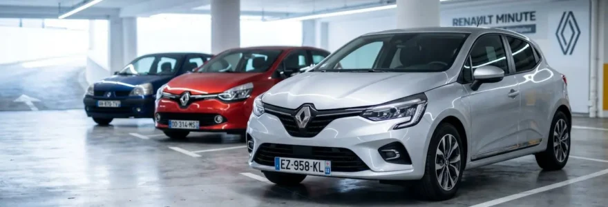 Trois générations de Renault Clio (Clio V argentée au premier plan, Clio IV rouge et Clio II bleue en arrière-plan) garées dans un parking de concession automobile en France, illustrant l'évolution du design du modèle