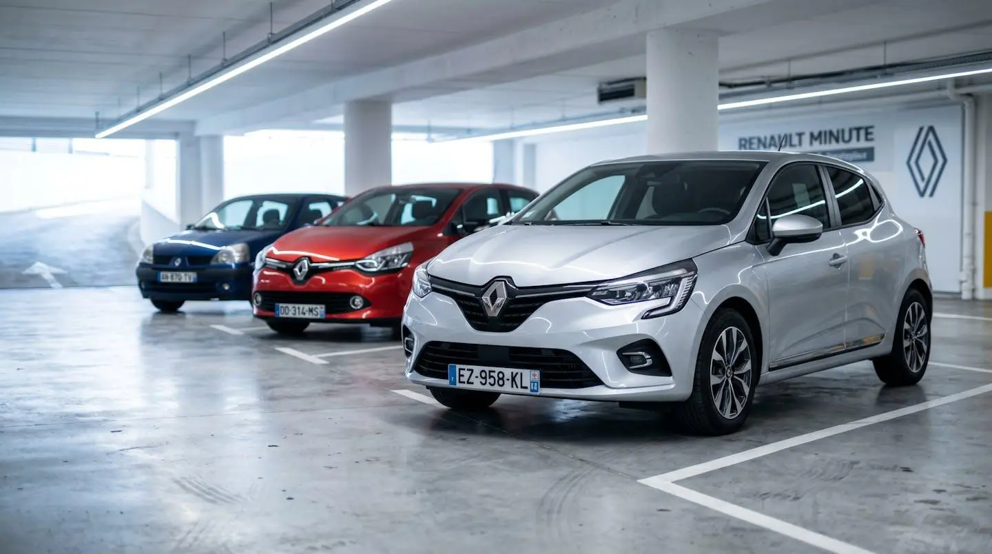 Trois générations de Renault Clio (Clio V argentée au premier plan, Clio IV rouge et Clio II bleue en arrière-plan) garées dans un parking de concession automobile en France, illustrant l'évolution du design du modèle