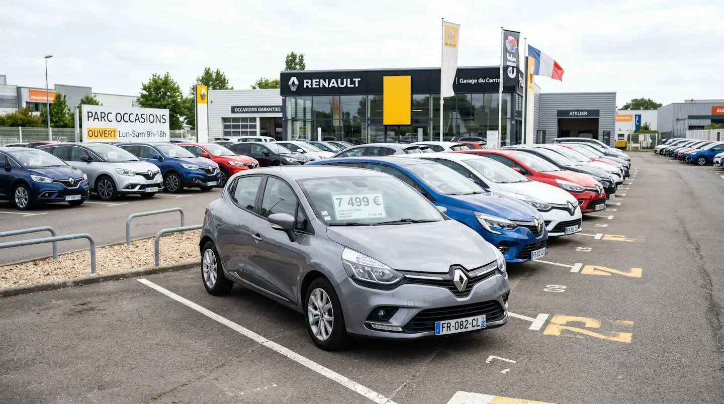 Parc de véhicules d'occasion d'une concession automobile montrant une Renault Clio IV grise au premier plan avec étiquette de prix à 7 499 euros sur le pare-brise, d'autres Clio visibles en arrière-plan