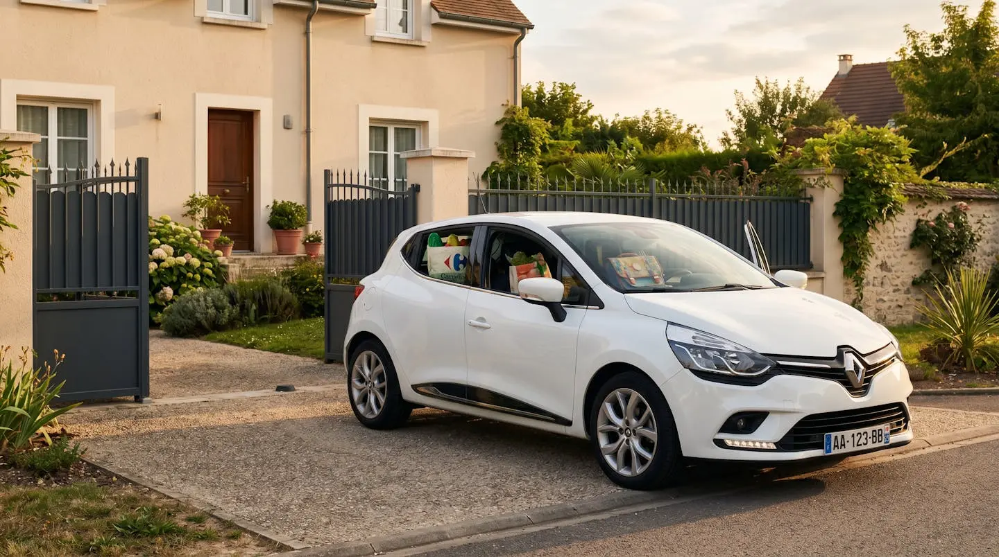 Renault Clio IV blanche garée devant une maison pavillonnaire française en fin d'après-midi, portière entrouverte avec sac de courses visible à l'intérieur, illustrant l'usage familial quotidien du véhicule
